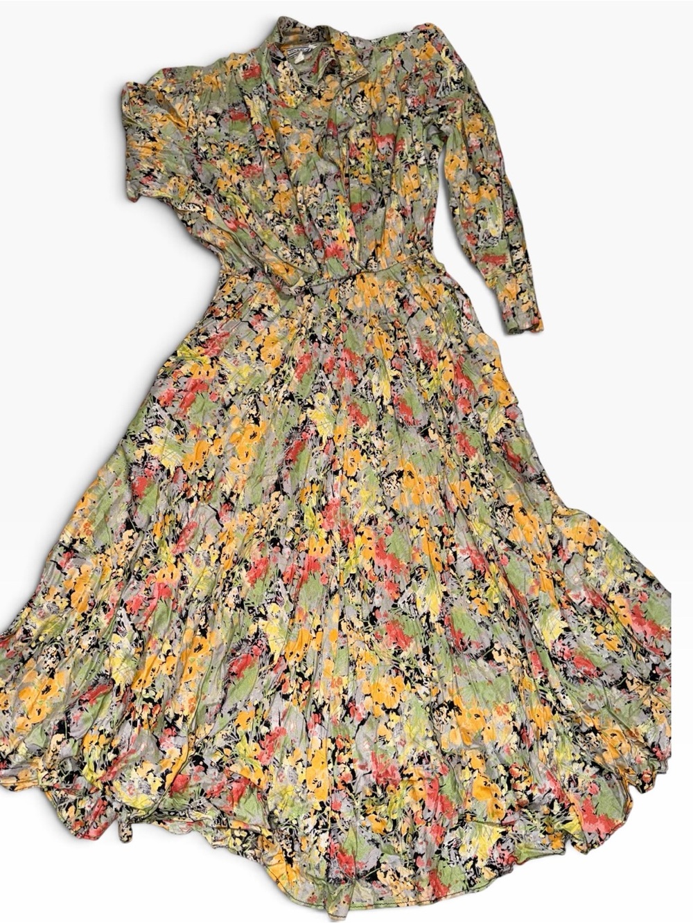 Vintage Pleated Long-Sleeve w/pockets Floral Maxi Dress in Yellow & Green